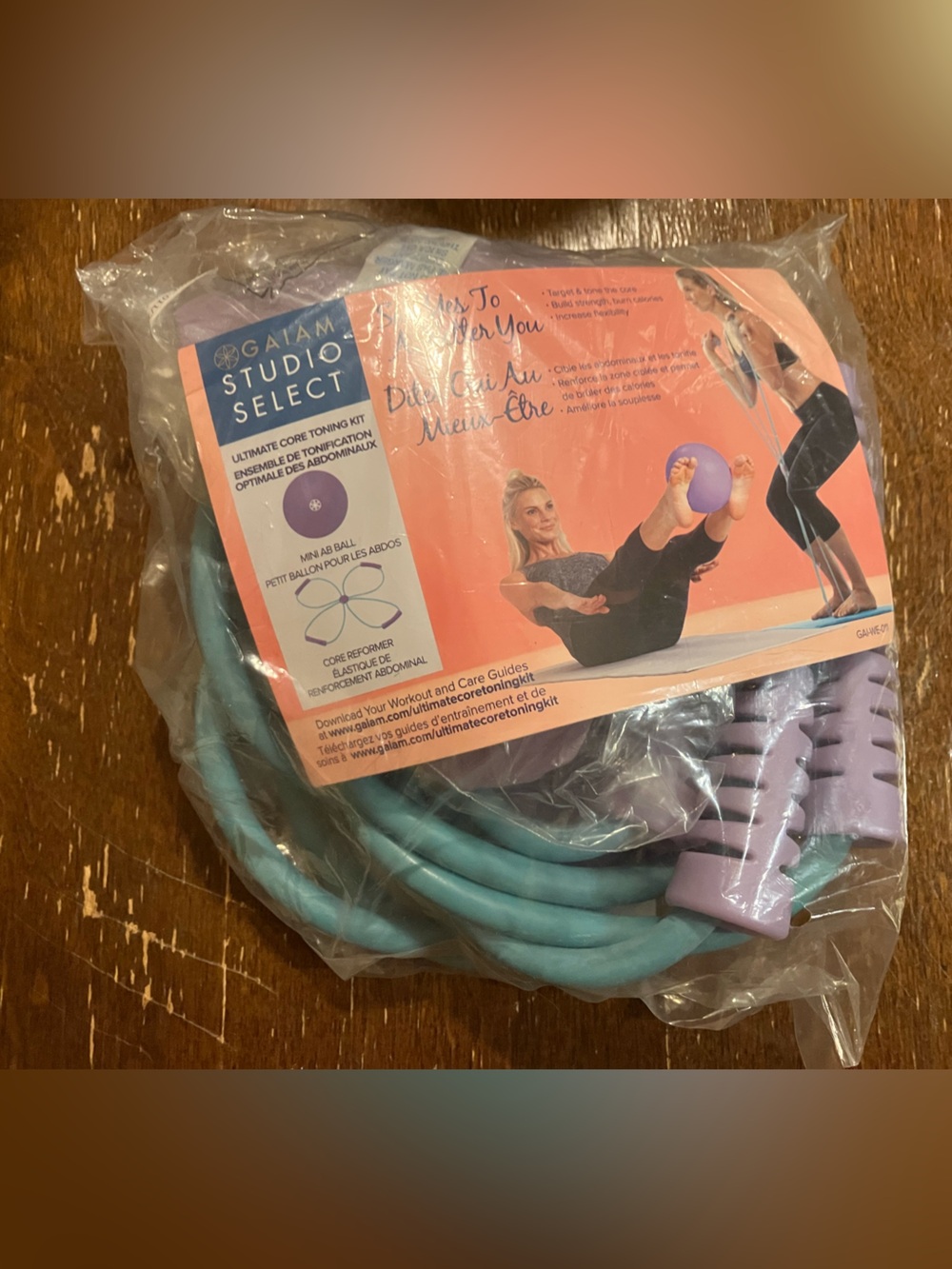 GAIAM resistance bands and workout ball.